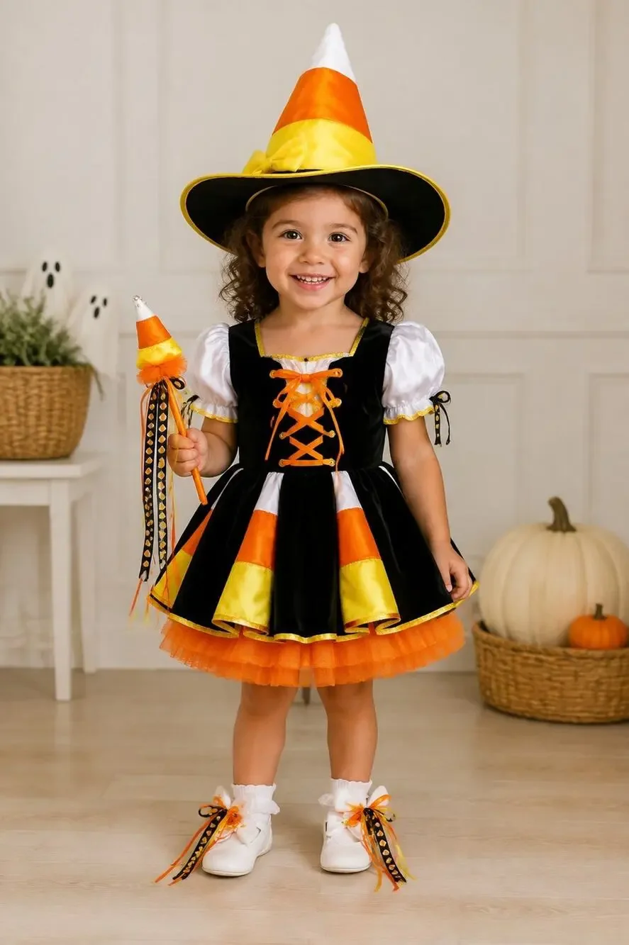 Candy Corn Witch Costume Toddler Girls Size 3T Hat Dress Booties Wand Halloween